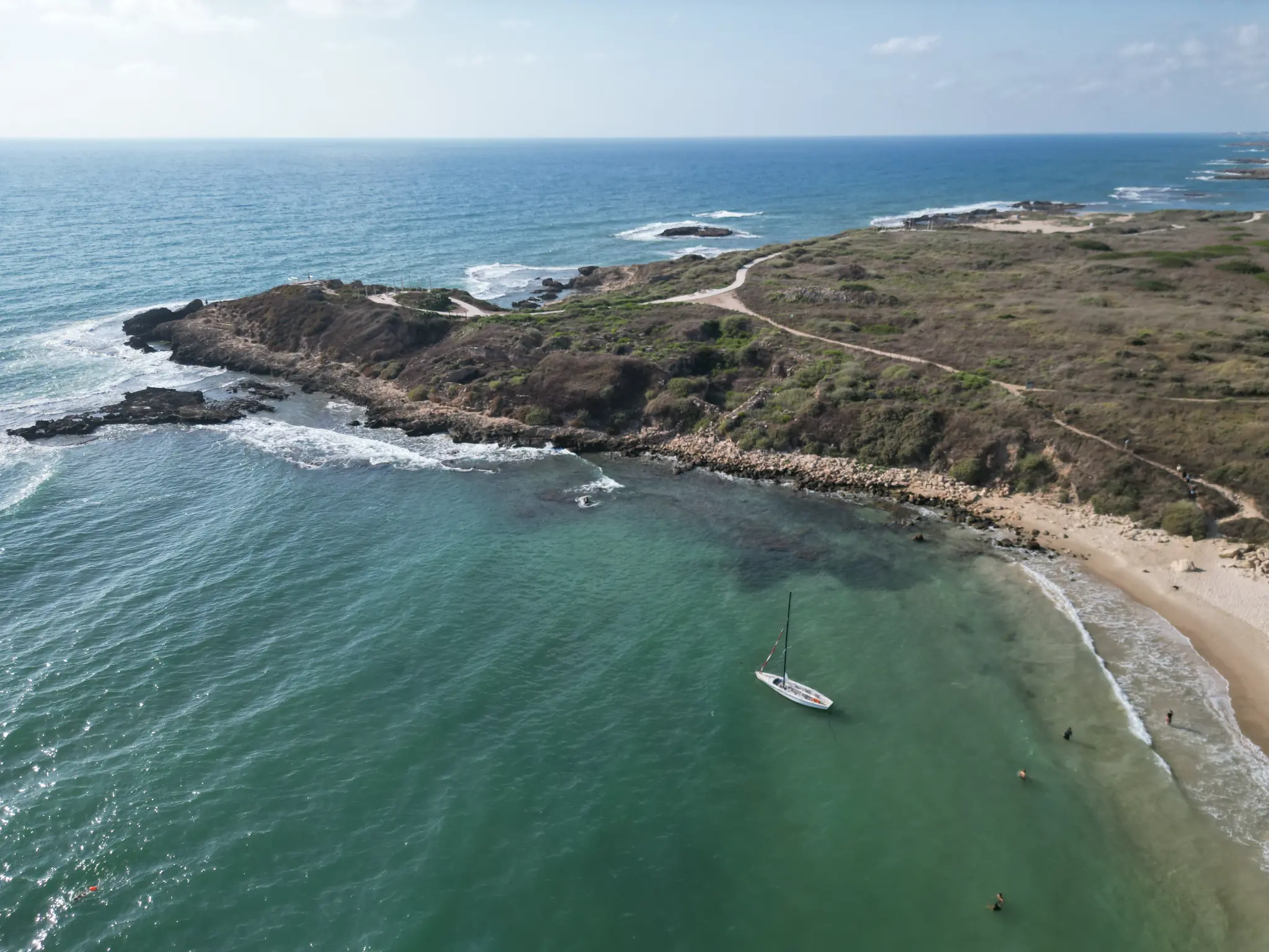 Aerial drone view of Tel Dor and the Mediterranean coast, Israel
