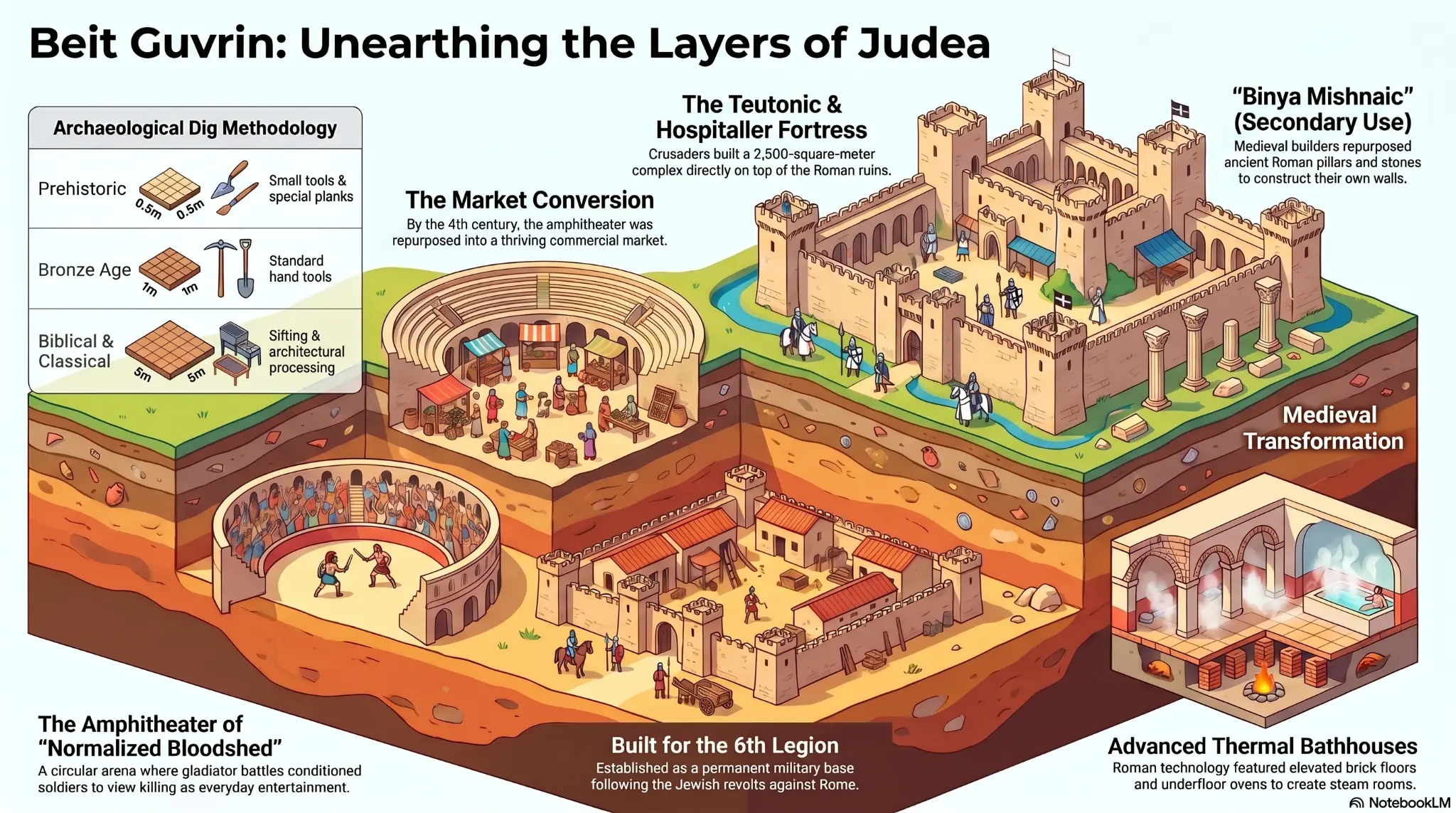 Beit Guvrin: Unearthing the Layers of Judea — infographic showing the amphitheater, Crusader fortress, and archaeological dig methodology